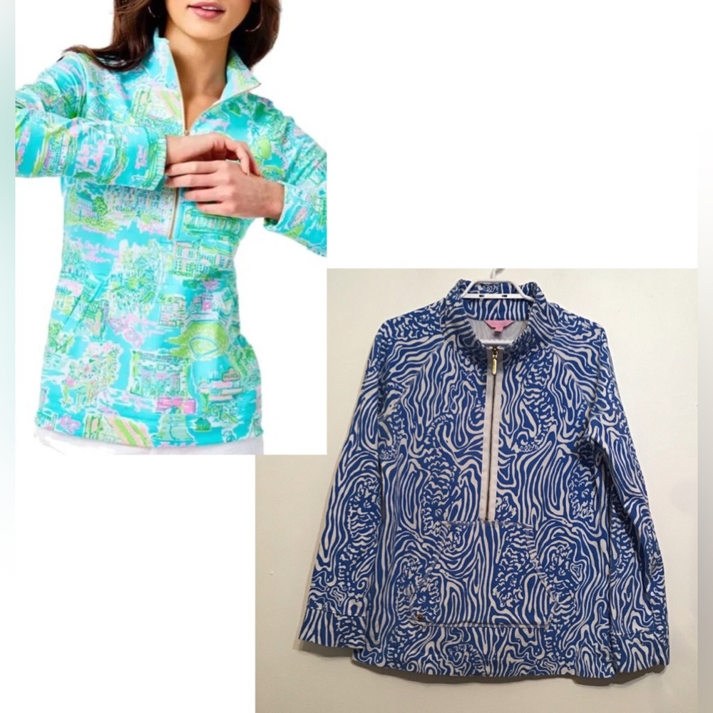 Lilly Pulitzer Skipper UPF 50+ Popover 1/2 Zip Jacket Blue/White Pattern